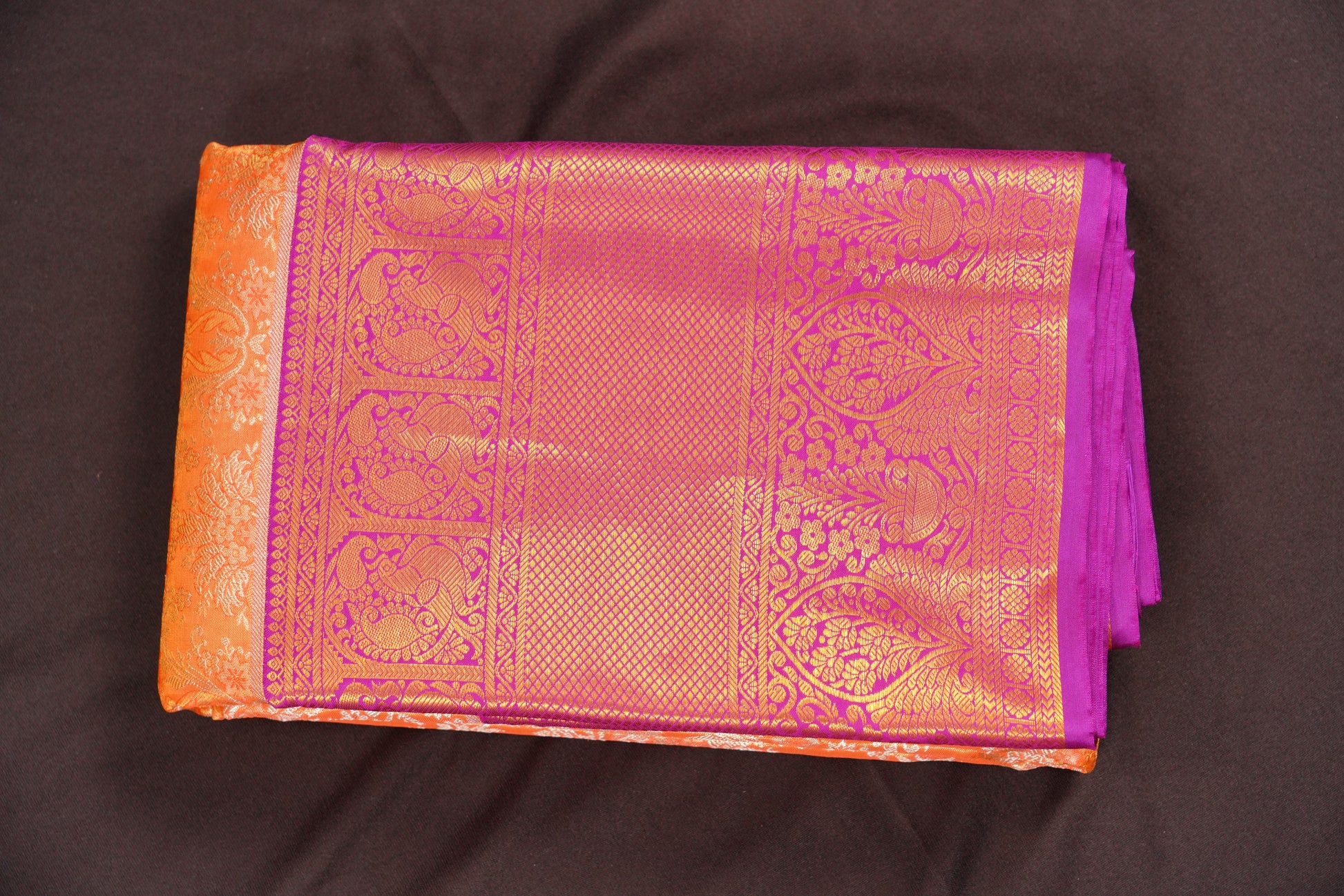 Lightweight Pure Gold Zari Kanchi Pattu Saree – Orange with Purple Contrast Designer Border (Silk Mark, Bridal)