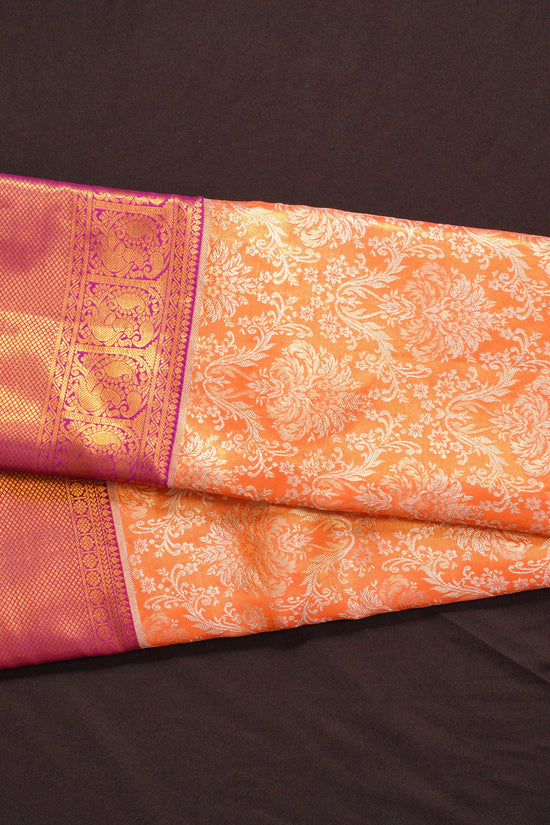 Lightweight Pure Gold Zari Kanchi Pattu Saree – Orange with Purple Contrast Designer Border (Silk Mark, Bridal)