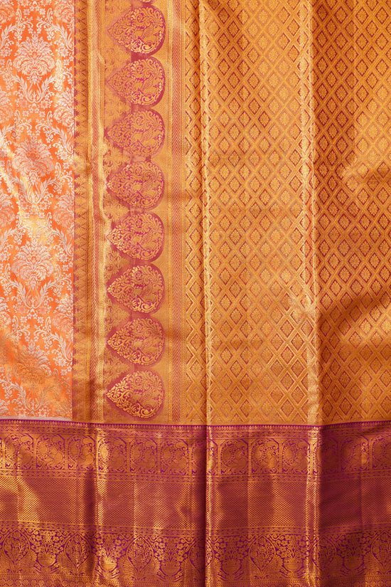 Lightweight Pure Gold Zari Kanchi Pattu Saree – Orange with Purple Contrast Designer Border (Silk Mark, Bridal)