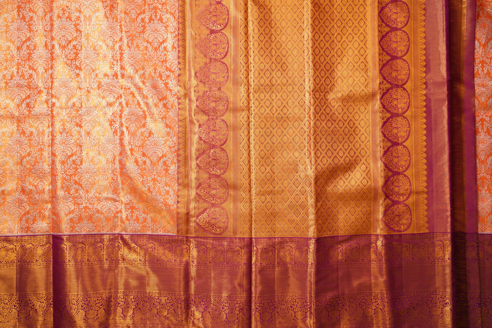 Lightweight Pure Gold Zari Kanchi Pattu Saree – Orange with Purple Contrast Designer Border (Silk Mark, Bridal)