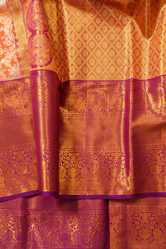 Lightweight Pure Gold Zari Kanchi Pattu Saree – Orange with Purple Contrast Designer Border (Silk Mark, Bridal)