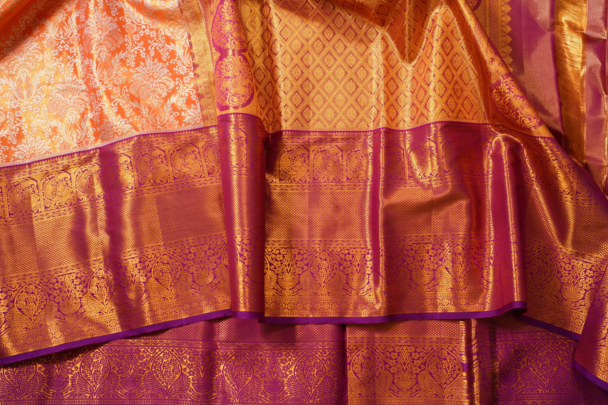 Lightweight Pure Gold Zari Kanchi Pattu Saree – Orange with Purple Contrast Designer Border (Silk Mark, Bridal)