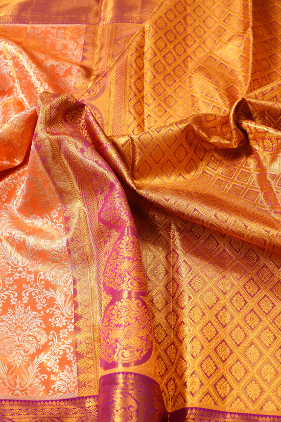 Lightweight Pure Gold Zari Kanchi Pattu Saree – Orange with Purple Contrast Designer Border (Silk Mark, Bridal)