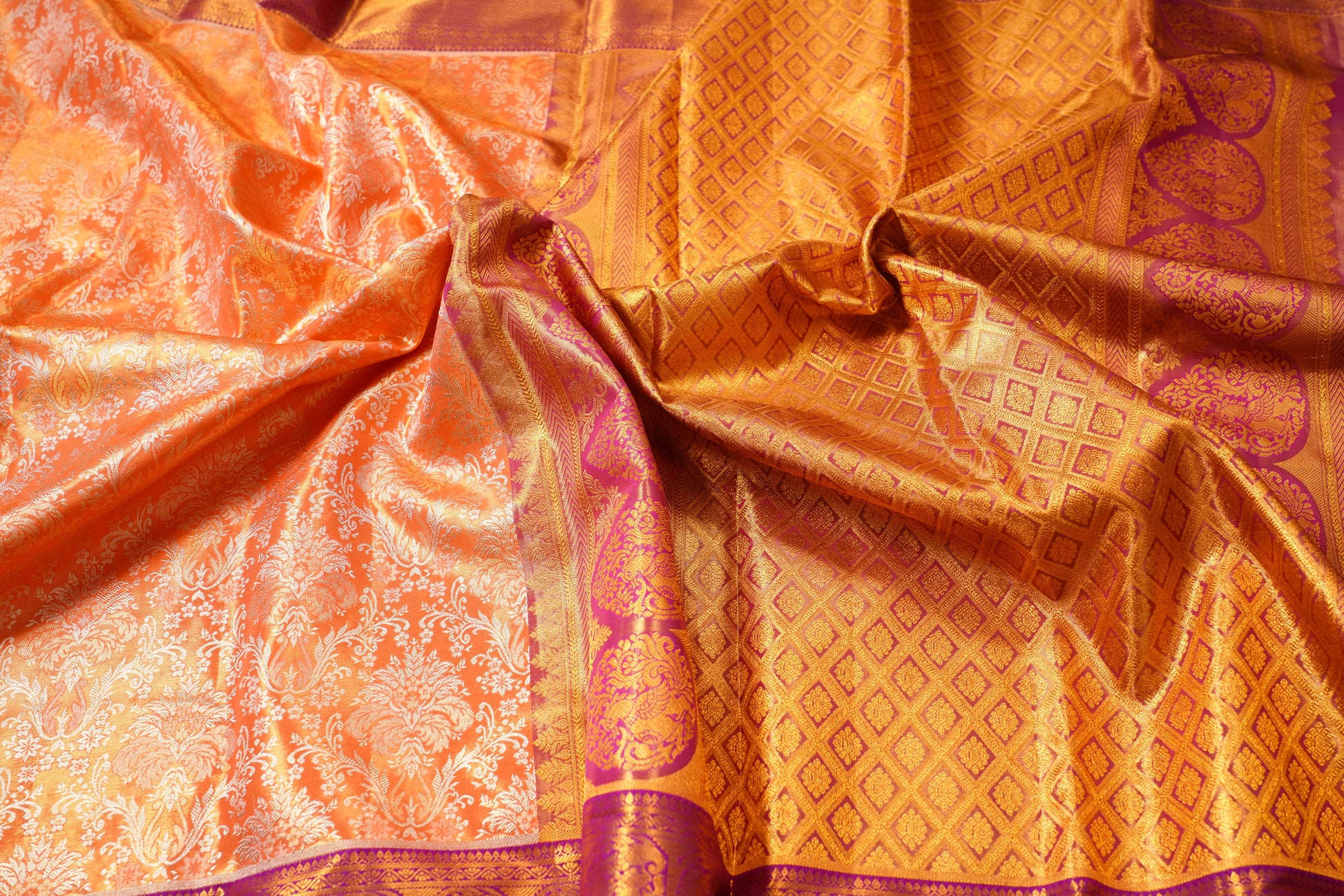 Lightweight Pure Gold Zari Kanchi Pattu Saree – Orange with Purple Contrast Designer Border (Silk Mark, Bridal)