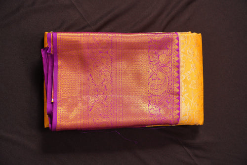 "Lightweight Pure Gold Zari Kanchi Pattu Saree – Gold with Purple Designer Contrast Border + Tissue Blouse (Bridal/Reception)