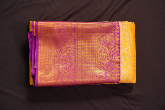 "Lightweight Pure Gold Zari Kanchi Pattu Saree – Gold with Purple Designer Contrast Border + Tissue Blouse (Bridal/Reception)