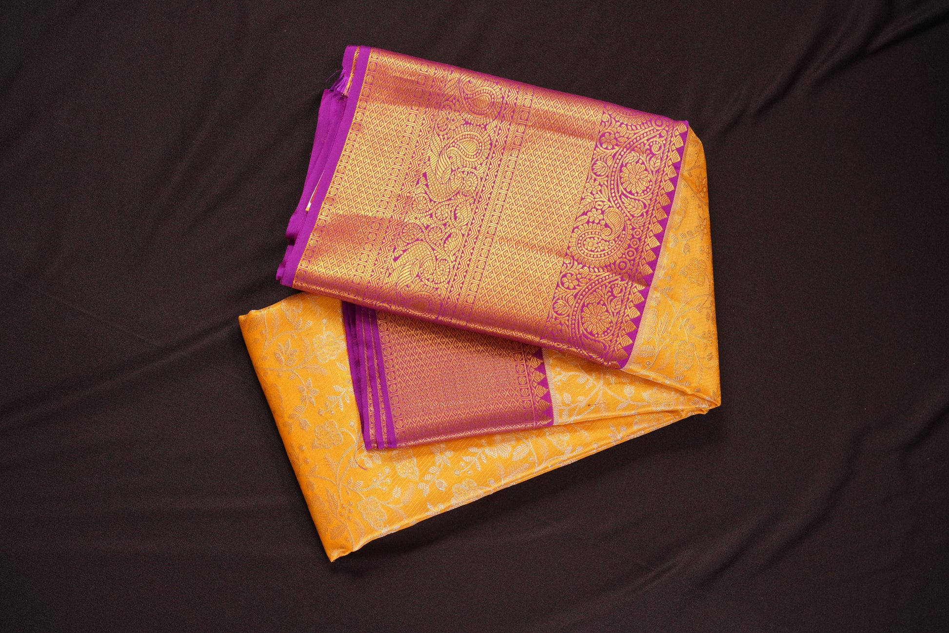 "Lightweight Pure Gold Zari Kanchi Pattu Saree – Gold with Purple Designer Contrast Border + Tissue Blouse (Bridal/Reception)