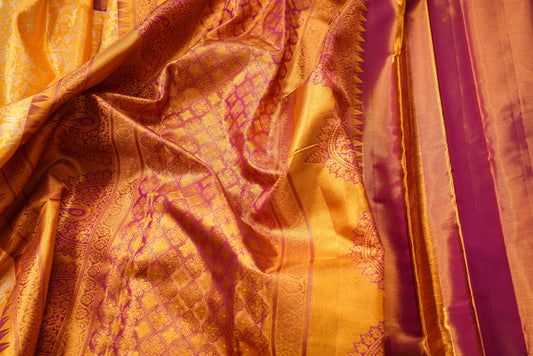 "Lightweight Pure Gold Zari Kanchi Pattu Saree – Gold with Purple Designer Contrast Border + Tissue Blouse (Bridal/Reception)